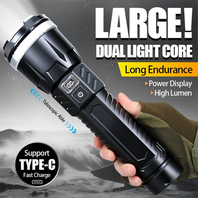 KDULIT LED COB Taschenlampe mit USB-Wiederaufladung und Rücklicht in Schwarz - Bild 1