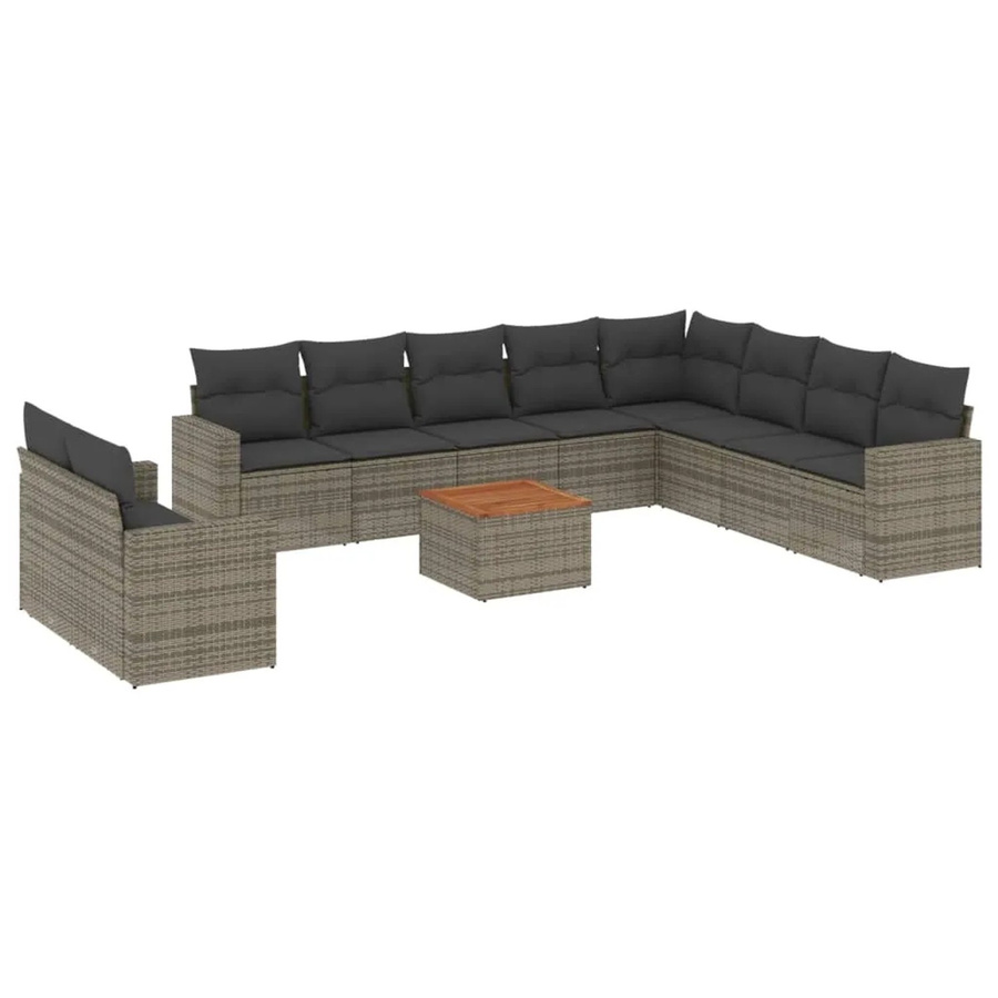 vidaXL 11-teilige Garten-Sofagarnitur aus Poly-Rattan und Akazienholz in Grau mit Kissen - Bild 2