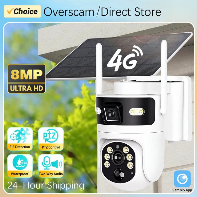 ICam365 Solar PTZ-Kamera mit 4G SIM-Karte, Dual-Bildschirm Doppellinse, 360 Grad Outdoor CCTV Sicherheitskamera mit PIR-Erkennung in Weiß - Bild 1