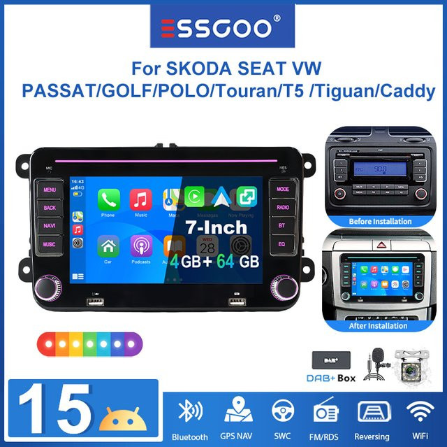 ESSGOO Android 15 Autoradio mit 7 Zoll Display, 4+64G Speicher, kabelloses CarPlay, Android Auto, GPS, Bluetooth und WLAN für Seat, Skoda, VW Golf, Passat, Polo, Touran, Tiguan, Sharan, Caddy, EOS, T5 in Schwarz - Bild 1