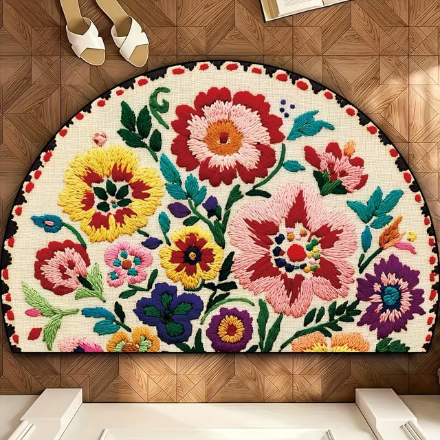 VIKAMA halbrunde Fußmatte mit floralem Design, rutschfest und wetterfest, Mehrfarbig, B: 60 cm, T: 40 cm - Bild 1