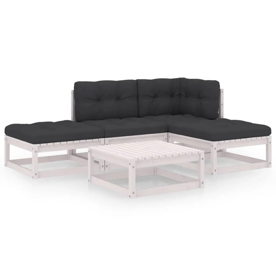 vidaXL 5-tlg Garten-Lounge-Set L-Form aus massivem Kiefernholz mit Polsterkissen in Anthrazit und Weiß - Bild 2