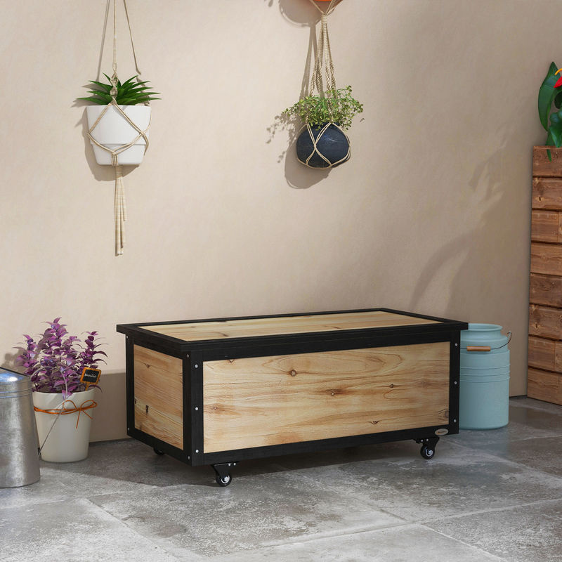 Outsunny Gartenbox aus Holz in Braun mit 121l Volumen und Rollen, wetterbeständige Auflagenbox für Balkon und Terrasse - Bild 2