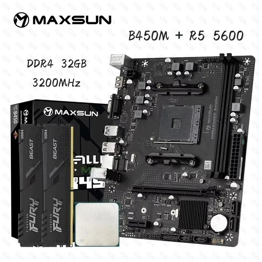 Maxsun Gaming-Kit mit B450 Motherboard, AMD Ryzen 5 5600 CPU, 32GB DDR4 3200MHz Arbeitsspeicher und 2x M.2 NVMe sowie SATA 3.0 Schnittstellen in Schwarz - Bild 2