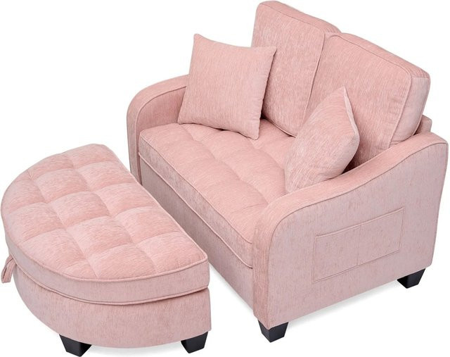PXloue Schlafsofa 2 in 1 Sofa Bett in Rosa mit Hocker und Stauraum aus Stoff und Eukalyptusholz - Bild 1