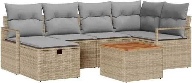 vidaXL Garten-Sofa-Set aus Polyrattan in Beige, 7-teiliges L-Shape Lounge-Set mit Kissen und integriertem Stauraum - Bild 1