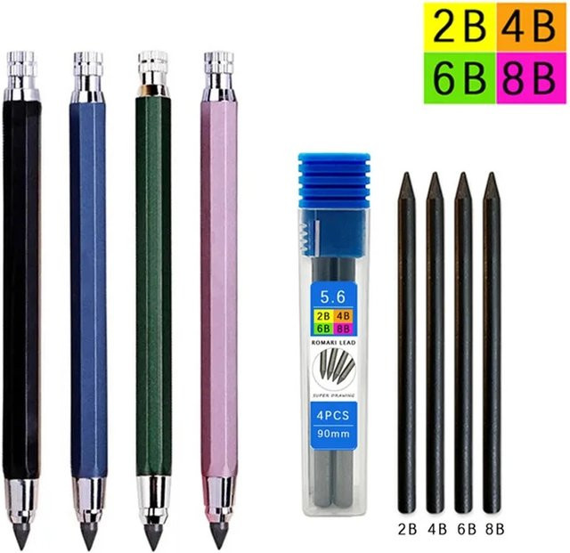 MROOFUL Metall-Zeichenstift Set in Schwarz mit 5,6 mm Graphitminen (2B, 4B, 6B, 8B) für professionelle Kunstskizzen - Bild 1