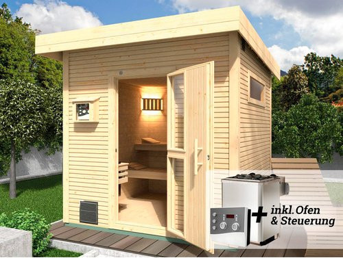 Weka Design-Saunahaus Kuopio aus nordischem Fichtenholz mit Technikpaket für 4 Personen in Beige, B/H/T: 263 x 253 x 298 cm - Bild 3