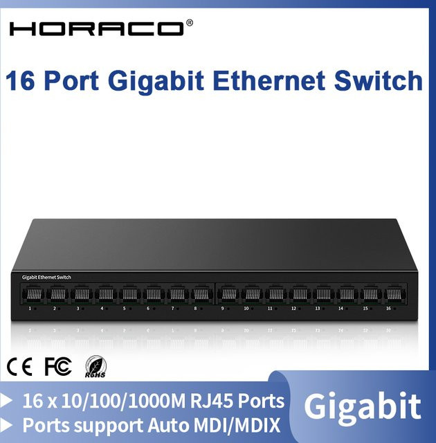 HORACO 16-Port Gigabit Netzwerk-Switch Unmanaged, 1000M Ethernet-Switch, lüfterlos, Schwarz - Bild 1