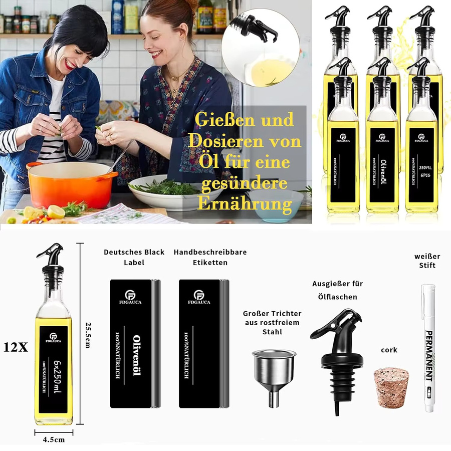 SIAZIH Öl- und Essigspenderflaschen aus Glas mit schwarzen Etiketten, transparent, 250 ml, 6er-Pack - Bild 2