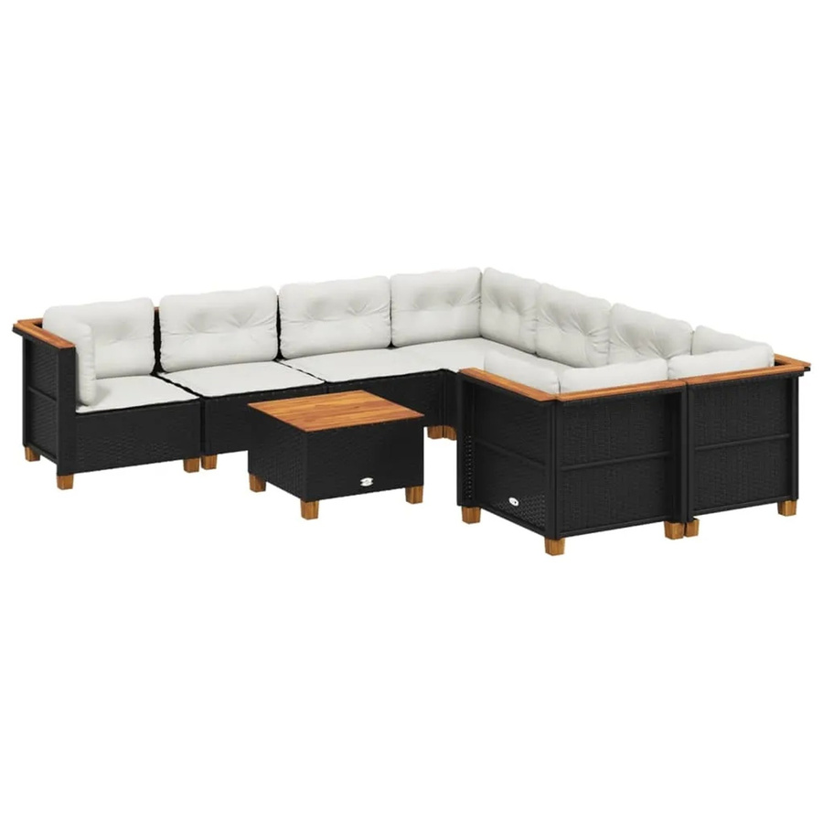vidaXL 9-tlg Garten-Sofagarnitur aus Poly-Rattan und Akazienholz in Schwarz mit cremeweißen Kissen Modell 189 - Bild 2
