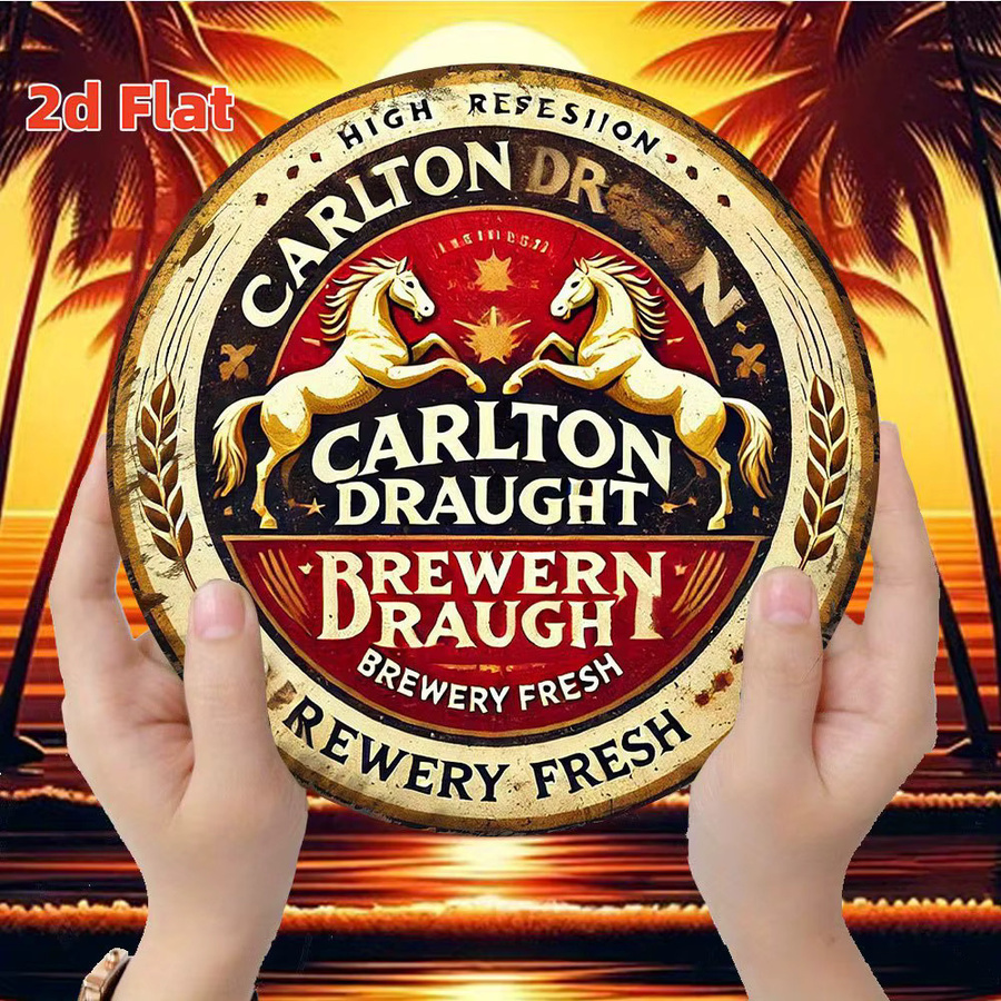 Vintage Carlton Draft Brewery Metallblechschild Potdemiel – Runde Aluminium-Wanddekoration mit goldenen Pferden in Rot, Gelb und Gold, Durchmesser: 20 cm - Bild 5