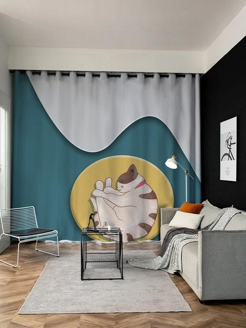Yiran Furniture Verdunkelungsvorhang mit niedlichem Katzen-Print für Kinderzimmer, 2er-Set, Blau, B: 140 cm, H: 120 cm - Bild 1