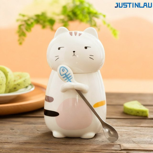 JUSTINLAU Keramikbecher mit Katzenmotiv, weißer Kaffeebecher mit Deckel und Löffel, Höhe: 12,5 cm, Durchmesser: 7,5 cm - Bild 1
