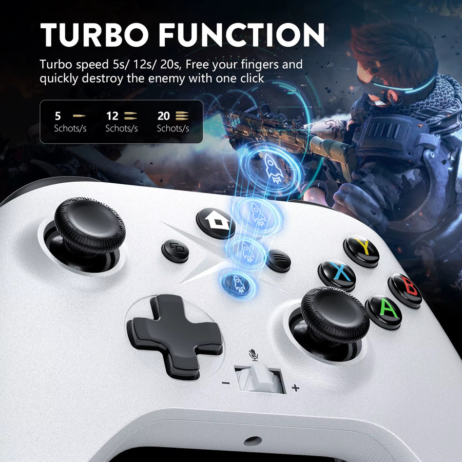 Bonacell Kabelloser Controller für Xbox One S/X/Series S/X und PC mit Bluetooth, Dual-Vibration, Hall-Effekt, 6-Achsen-Gyroskop und Turbo-Funktion in Blau und Weiß - Bild 2
