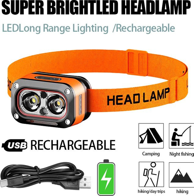 SSET Wiederaufladbare LED-Stirnlampe mit COB-Technik in Orange, ultraheller Scheinwerfer mit 5 Modi und verstellbarem Winkel für Sport und Camping - Bild 1