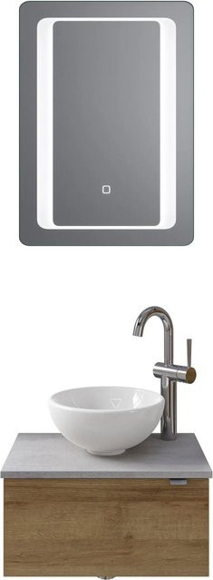 Pelipal Badmöbel-Set Serie 6915 Riviera Eiche-Oxid Hellgrau mit Waschtischunterschrank, Waschtischplatte, Keramik Aufsatzbecken und Funktionsspiegel mit LED-Beleuchtung und Sensor-Schalter, Breite: 51 cm - Bild 1
