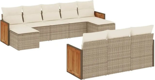 vidaXL 10-teilige Garten-Sofagarnitur in U-Form aus Polyrattan und Akazienholz mit Kissen in Beige-Creme - Bild 1
