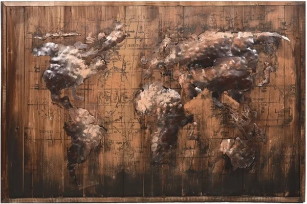 DELUKE 3D-Metallbild Weltkarte aus Stahl in Van Dyck Braun, Wandbild für Wohnzimmer, Flur oder Büro, H x B x T: 120 x 80 x 5 cm