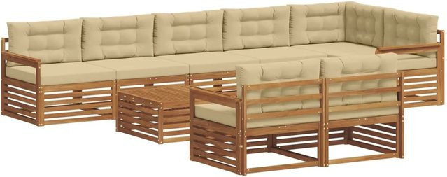 vidaXL 9-tlg. Outdoor-Sofagarnitur in L-Form aus Akazienholz mit Polstern in Natur und Beige - Bild 1