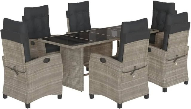vidaXL 7-teilige Garten-Essgruppe aus Poly Rattan mit Kissen in Grau und Hartglas-Tischplatte - Bild 1