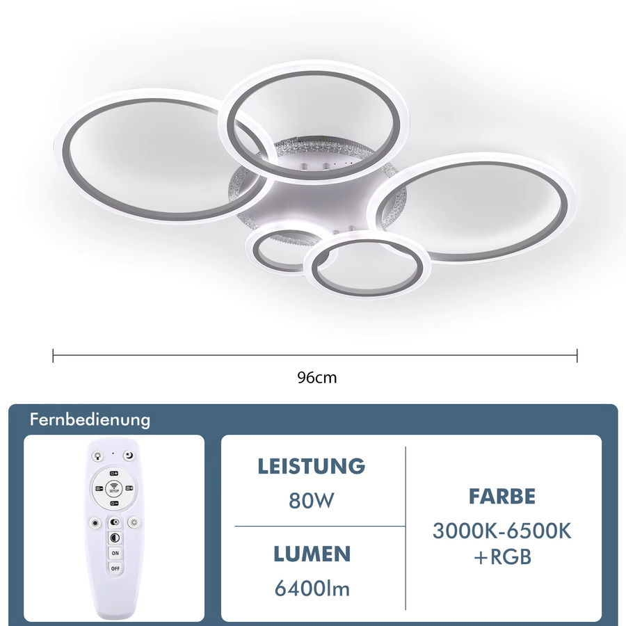 Oyajia 5-Ring Acryl LED-Deckenleuchte mit RGB-Hintergrundbeleuchtung, dimmbar mit Fernbedienung, Farbe: Weiß, 80W - Bild 4