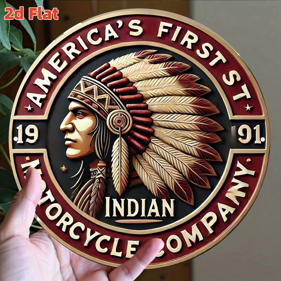 Vintage Indian Motorcycle Co. Logo Metallschild in Rot, rundes Retro-Wandkunst aus Metall, Durchmesser: 20 cm - Bild 4