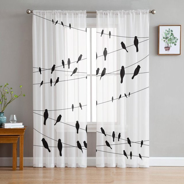 Transparente Tüll-Vorhänge mit Tier- und Vogelmotiv in Schwarz und Weiß, Set aus 2 Organza-Fenstervorhängen aus Polyester, Breite: 135 cm, Höhe: 115 cm - Bild 1