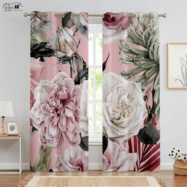 Yiran Furniture Dekorative Vorhänge mit 3D-Blumenmuster, Bunt (Gelb, Grün, Pink), halbtransparent, 2 Stück, Breite: 50 cm, Höhe: 130 cm - Bild 1