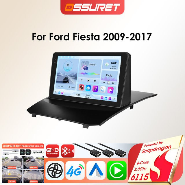 OSSURET 6115 Android Auto Radio Player für Ford Fiesta 2009-2017 mit Carplay, GPS und 8-Core Multimedia Stereo in Schwarz - Bild 1