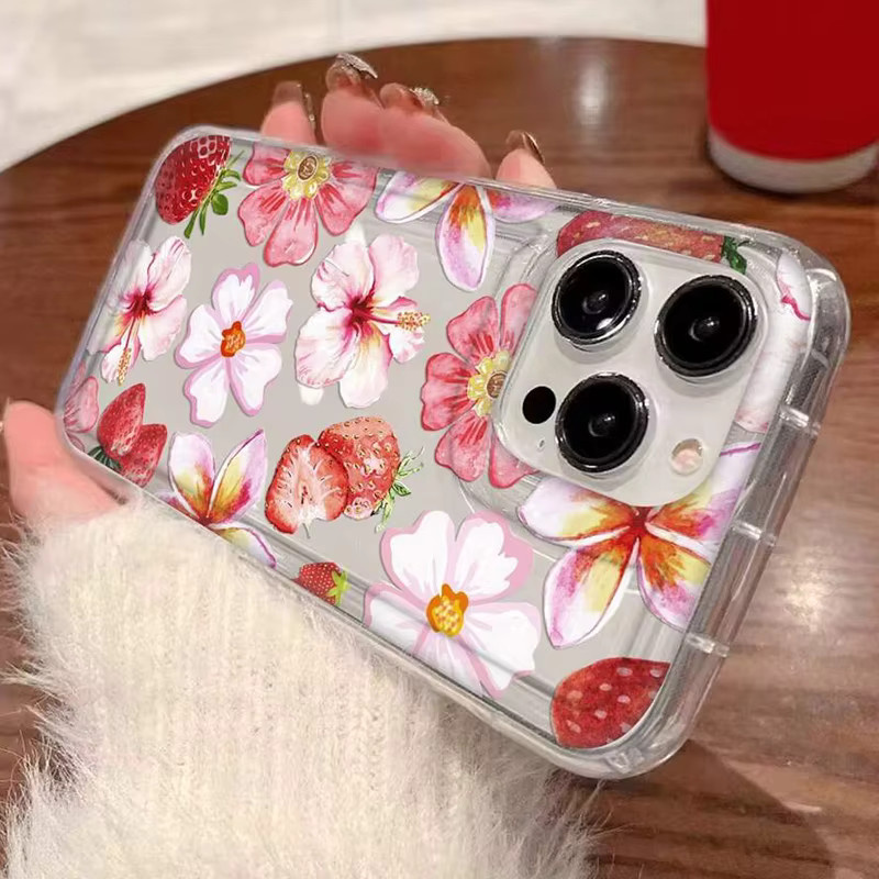 SZHXNOR Handyhülle mit Erdbeer-Hibiskus-Blumenmuster für iPhone 17 16 15 14 13 12 11 Pro Max, transparente stoßfeste Hülle mit niedlichem Frucht- und Blumendruck - Bild 2