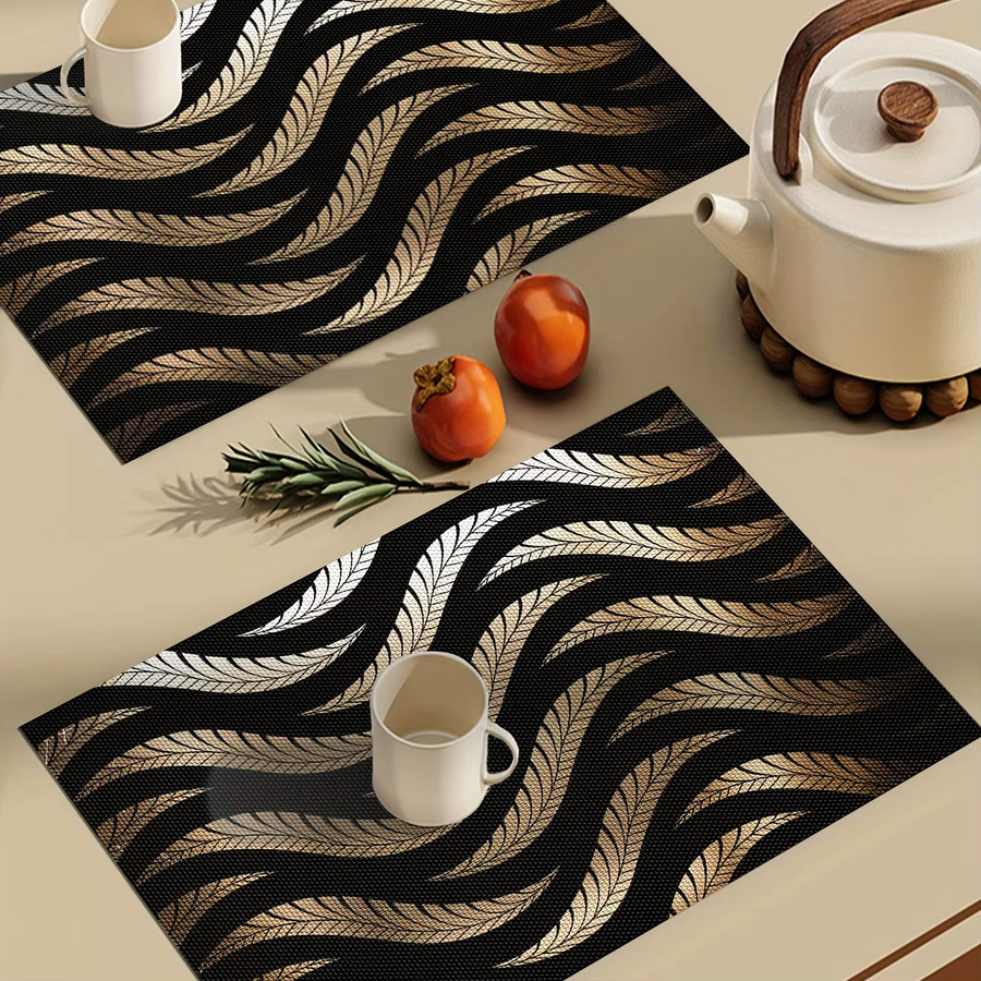 VIKAMA 4-teiliges Set luxuriöse Tischsets aus Leinen mit schwarzem und goldenem Feder-Design in Rechteckform - Bild 2