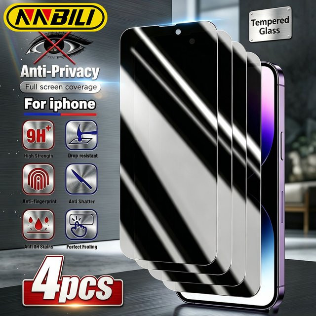 NNBILI 4er Pack Sichtschutz-Displayschutzfolien aus gehärtetem Glas für iPhone 11 12 13 14 15 16 17 Pro Max Plus 17e 16e 17Air mit Anti-Blasen-Funktion - Bild 1