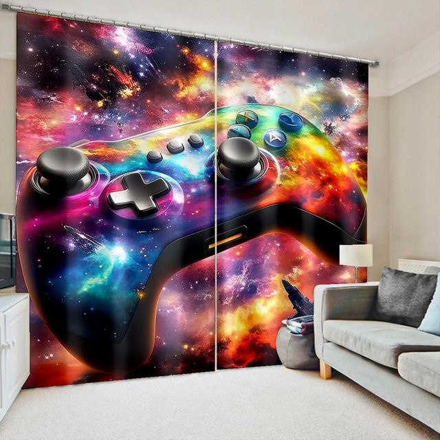 2-teiliges Set dekorative Vorhänge mit 3D Sternenschiff und buntem Sternenhimmel Druck, halbtransparent, Mehrfarbig, B: 50 cm, H: 130 cm - Bild 1