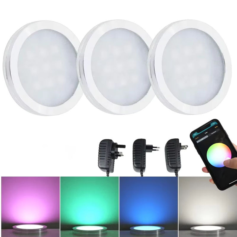 CENFAYA Homekit WiFi Runde RGB LED Unterbauleuchte für Schrank und Möbel, Dimmbar mit App- und Fernbedienung sowie Siri Sprachsteuerung, Multicolour, 12V - Bild 5