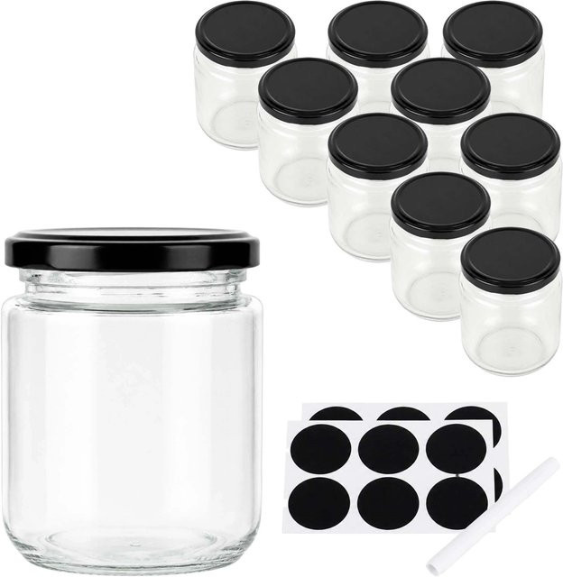 Relaxdays Einmachgläser 10er Set aus Glas mit Twist-Off Deckel, Transparent/Schwarz, 200 ml, Durchmesser: 8 cm, Höhe: 7,5 cm - Bild 1