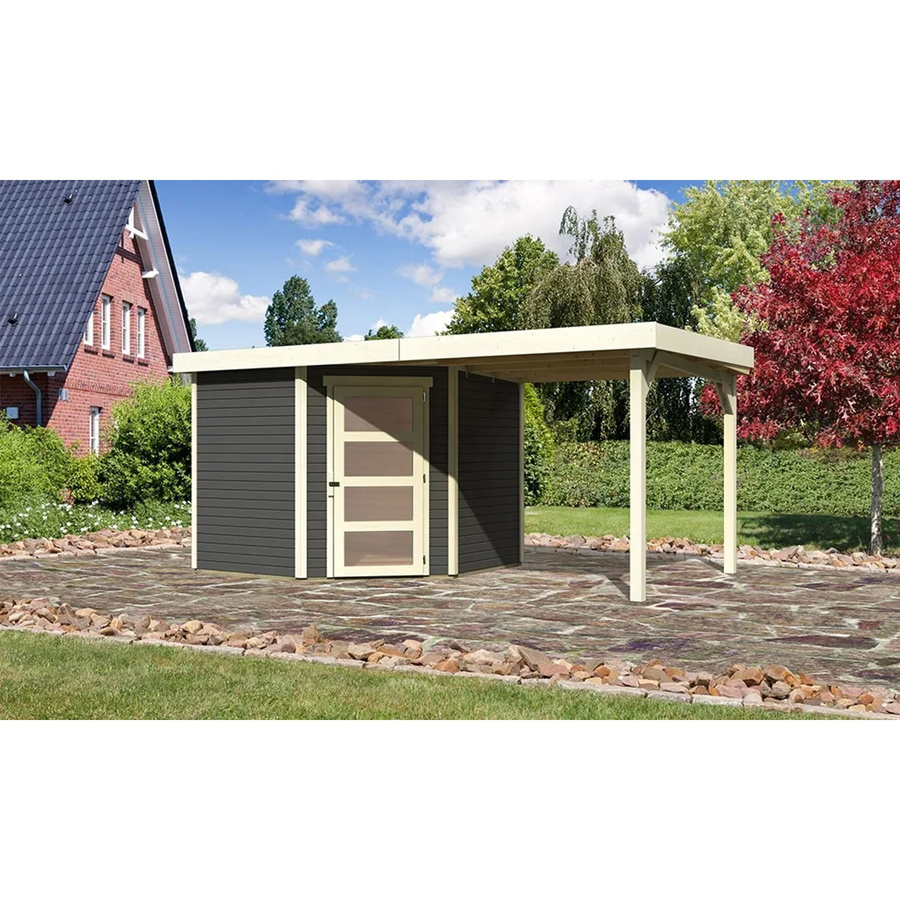 Karibu Gartenhaus Schwandorf 5 aus Holz in Terragrau mit Flachdach und Anbaudach B/H/T: 242 x 246 x 242 cm - Bild 2