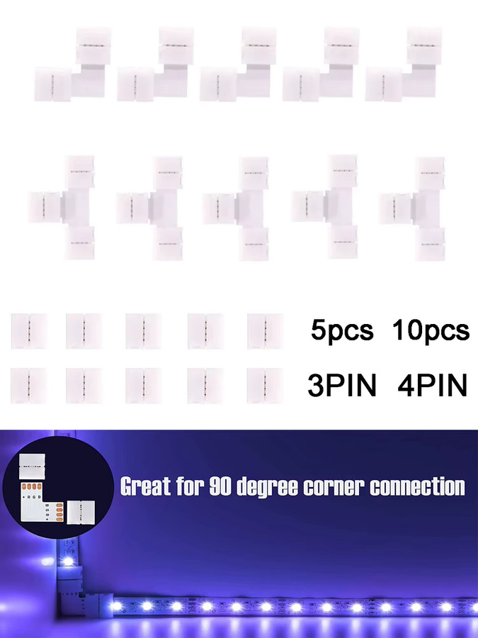Lötfreie LED Streifen Verbinder Set für RGB und RGBIC LED-Bänder mit 3 und 4 Pin Optionen sowie L- und T-förmigen Eckverbindern für 10 mm Breite, passend für WS2812 und WS2811 SMD LED-Streifen - Bild 3