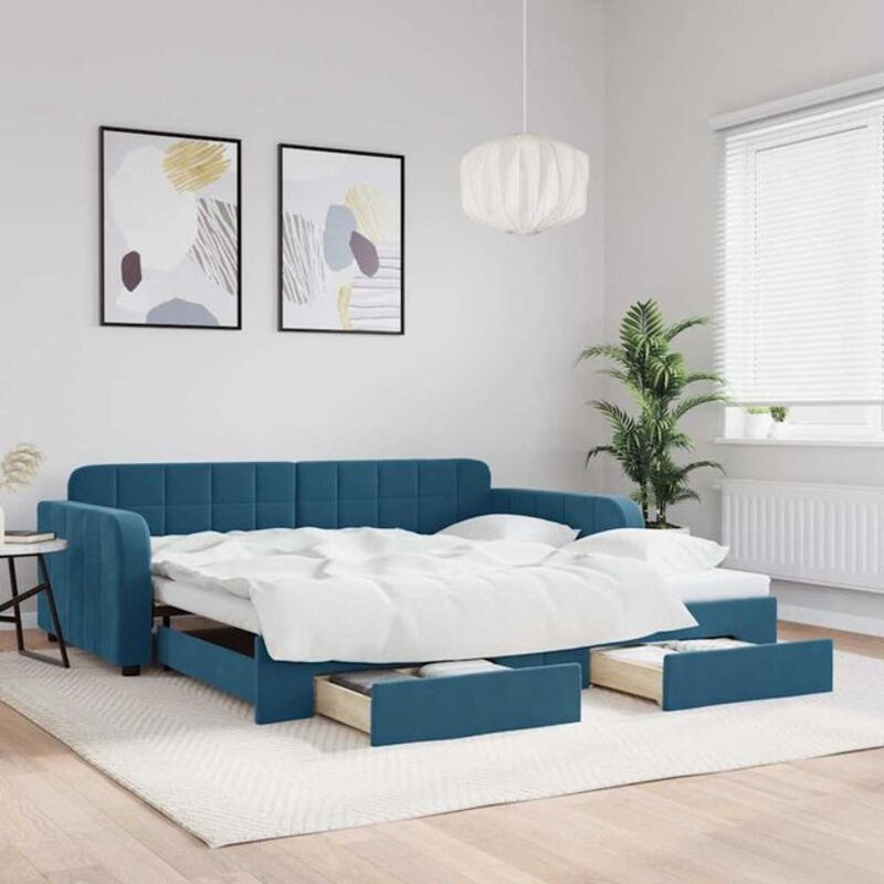 Vidaxl Ausziehbares Tagesbett mit Schubladen in Blau aus Samt und Massivholz B/T/H: 100 x 200 cm - Bild 1