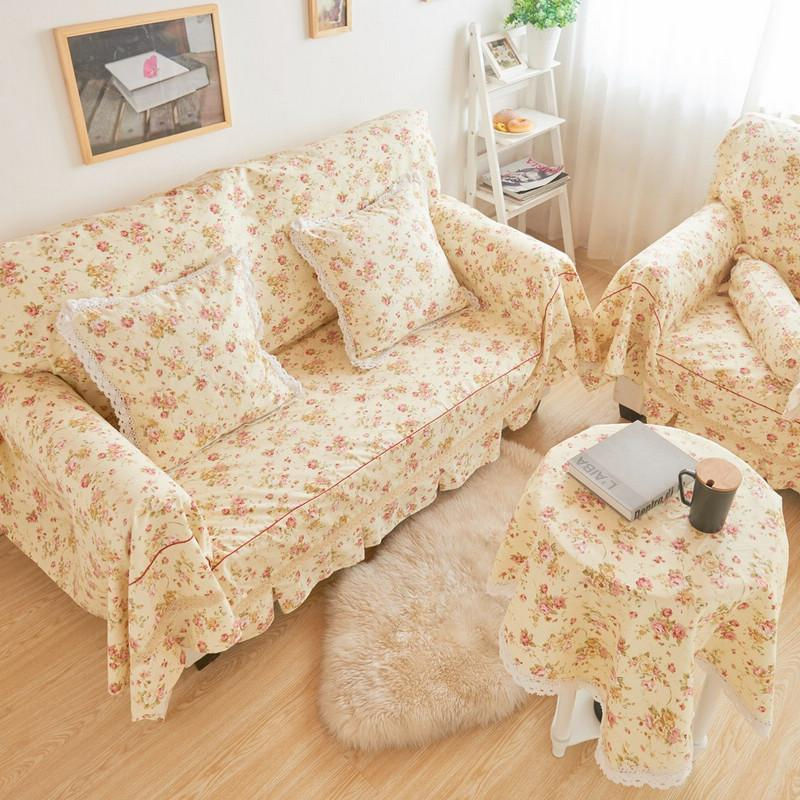 Your Warm Home Sofaüberwurf aus Baumwolle mit Blumenmuster und Volant in Beige sowie 2 Kissenbezüge - Bild 2