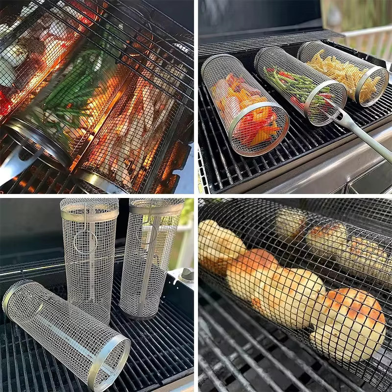 Edelstahl Grillkäfig in Silber als BBQ Zylinder und Mesh Trommel für das Räuchern und Outdoor-Grillen - Bild 3