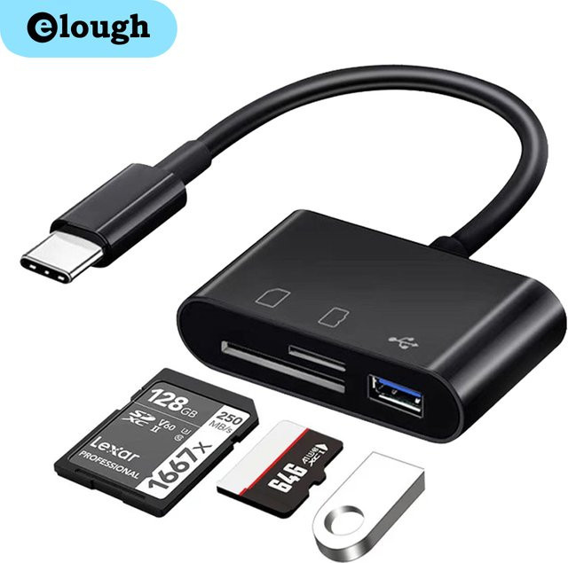 Elough USB-C Kartenleser für TF, CF und SD Speicherkarten in Schwarz - Bild 1