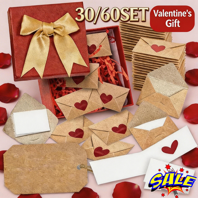 Mini-Umschläge in Rot mit 60 Herz-Aufklebern für besondere Anlässe wie Valentinstag oder Jubiläen - Bild 1