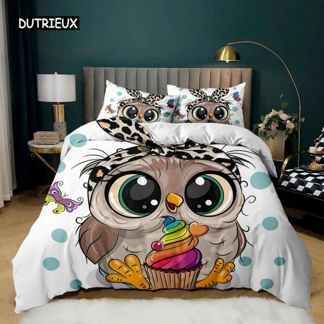 Binchi Kinder-Bettwäsche-Set mit Eulen- und Sternen-Motiv, 3-teilig aus Polyester, Farbe: Weiß, B/H: 140 x 200 cm - Bild 1