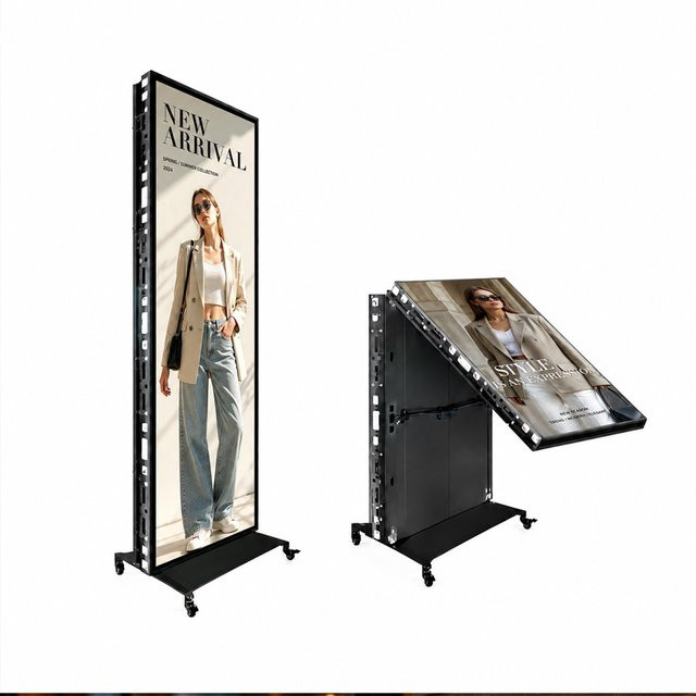 Verstellbarer vertikaler LED-Leuchtkasten in Schwarz aus Metall als moderner Boden-Werbekasten für Einkaufszentren und Geschäfte - Bild 1