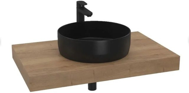 Hansgrohe Badezimmer-Set mit rundem Keramik-Waschbecken und Halifax Armatur in Schwarz und Eiche Platte - Bild 1