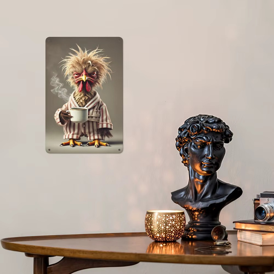 HELLOYOUNG Wanddekoration aus Metall im Vintage-Stil mit Hahn trinkt Kaffee, rustikales Bauernhausschild für Küche, Café oder Bar, Höhe: 30 cm, Breite: 20 cm, Tiefe: 20 cm - Bild 3