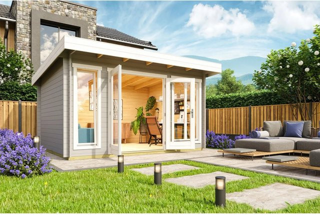 Lasita Gartenhaus Dorset Maja mit Flachdach in Lichtgrau lasiert, B/H/T: 430 x 239,4 x 370 cm - Bild 1