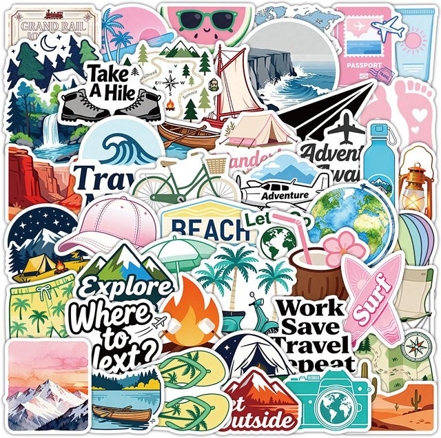 50-100 Stück Wasserfeste Outdoor-Reise-Graffiti-Aufkleber im Cartoon-Design für Handy, Gepäck, Wasserflasche und Laptop, Mehrfarbig - Bild 1