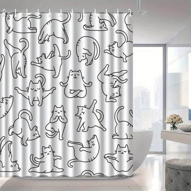 VIKAMA Minimalistischer Katzen-Duschvorhang aus wasserdichtem Polyester in Weiß - Bild 1